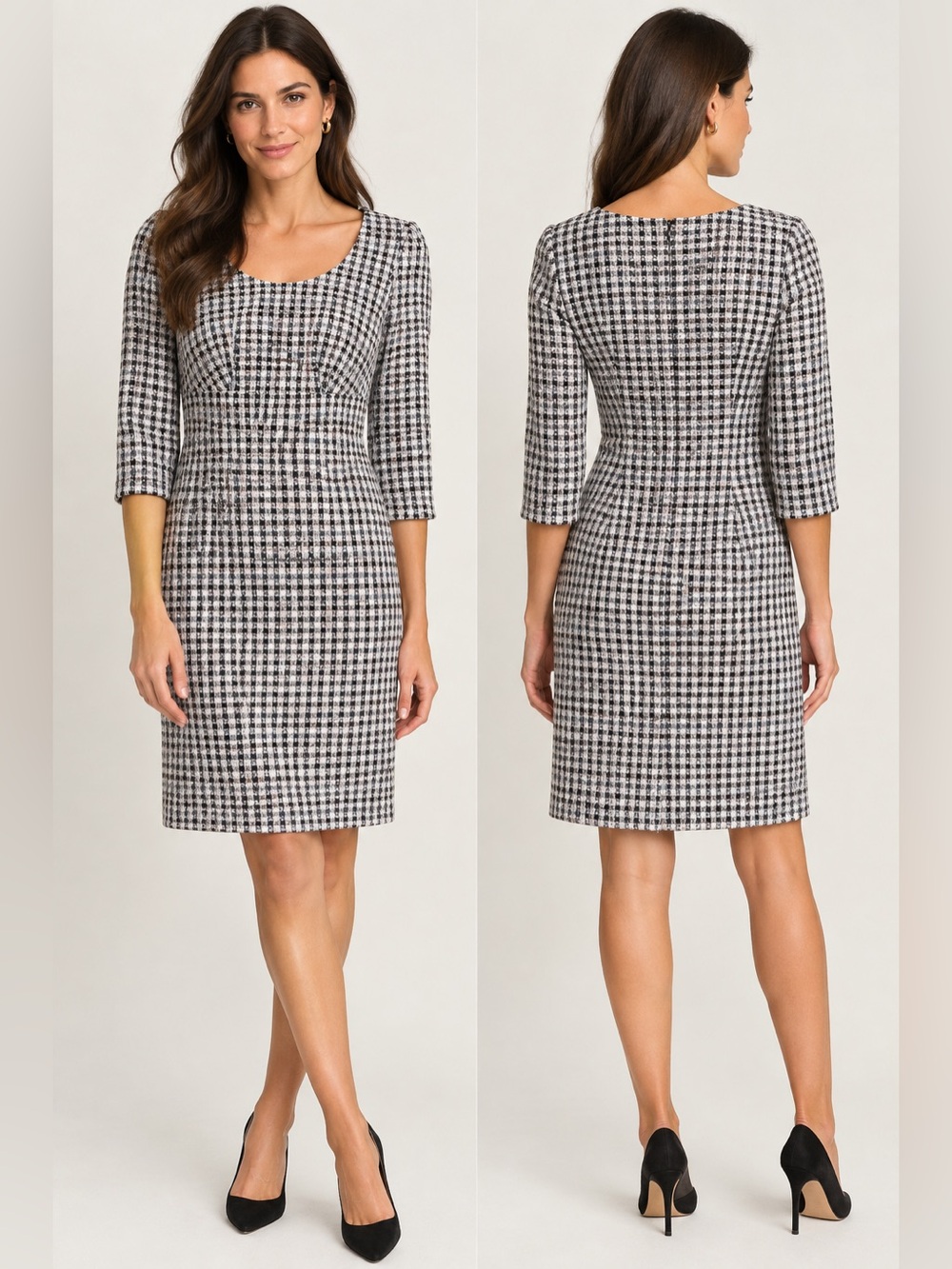 Ann Taylor petite Plaid Tweed Sheath Dress 4P Scoop Neck 3/4 Puff Sleeve